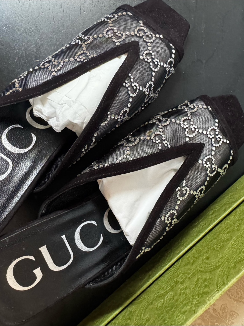 Gucci Black Crystal Mesh Pointed-Toe Mules
